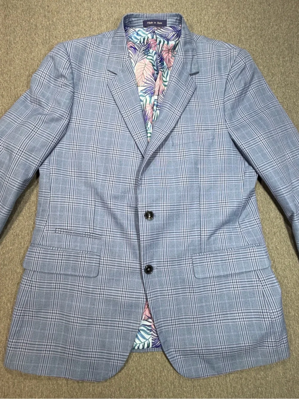 Alan Flusser Light Blue Plaid Sport Coat with Floral Lining, Mens 40R Blazer